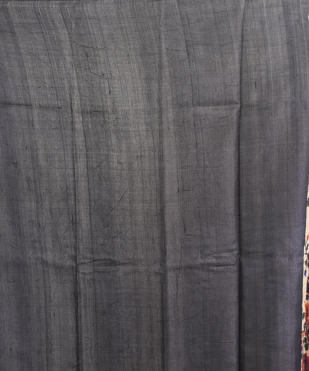 Cream black handblock printed tussar silk handloom sari