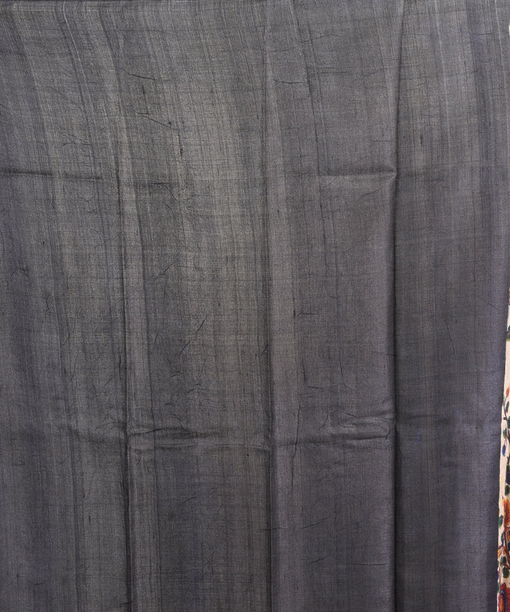 Cream black handblock printed tussar silk handloom sari