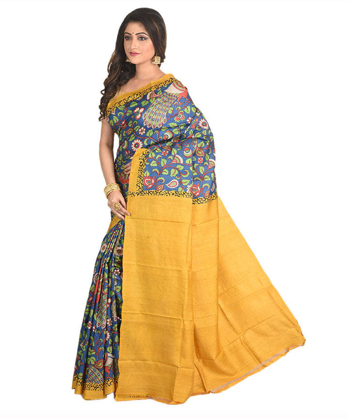 Navy blue yellow handblock printed tussar silk handloom sari