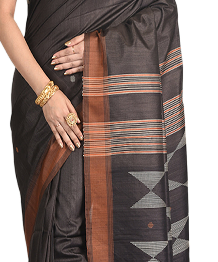 Black handwoven tussar silk sari