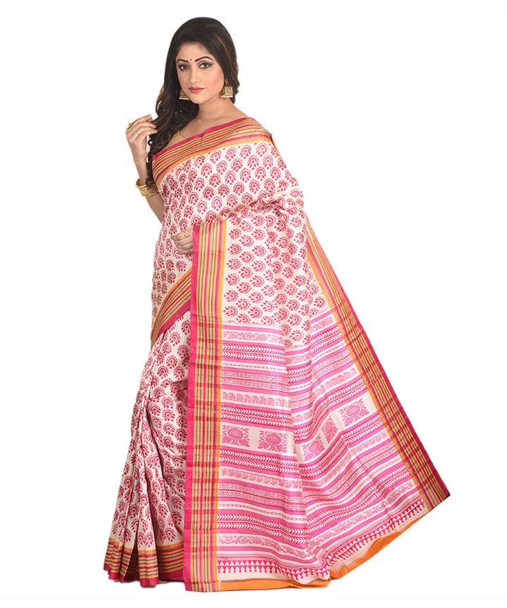 Pink orange handblock printed silk sari