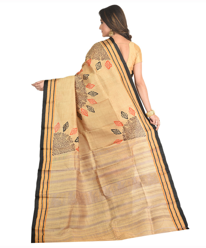 Cream handblock printed silk sari