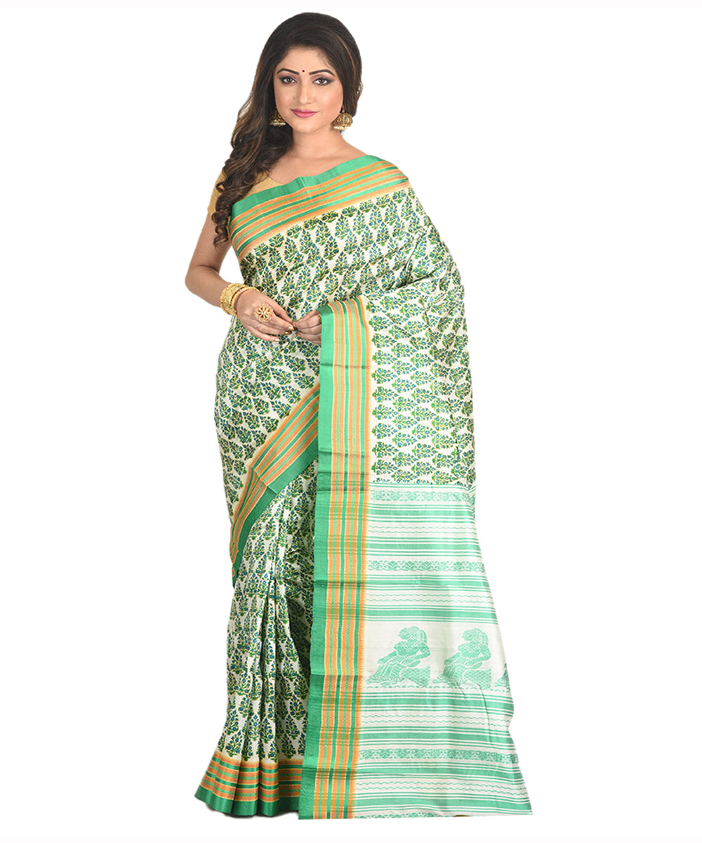 Dark green yellow handblock printed silk sari