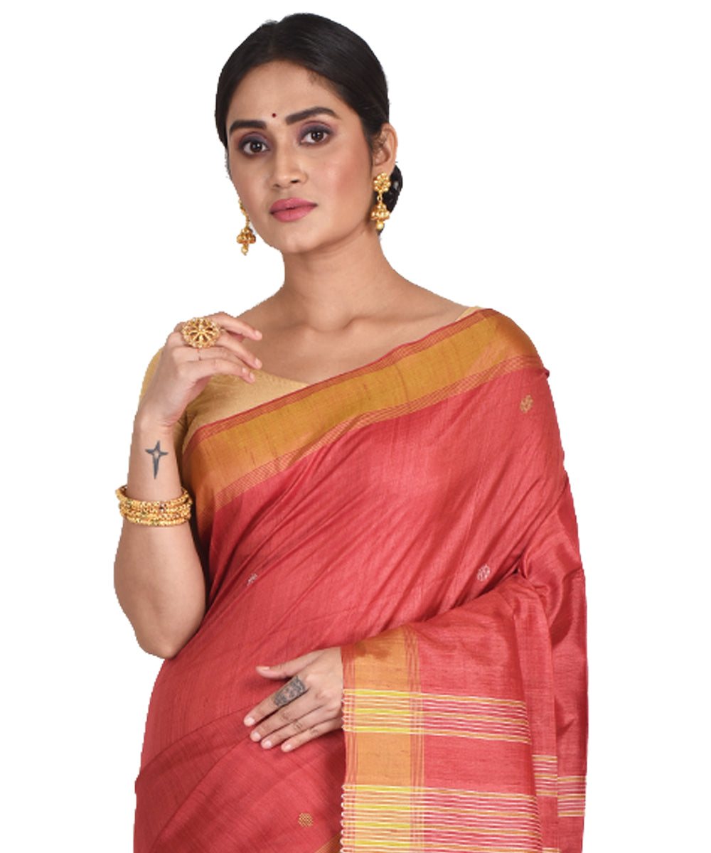 Red orange handwoven tussar silk bengal sari