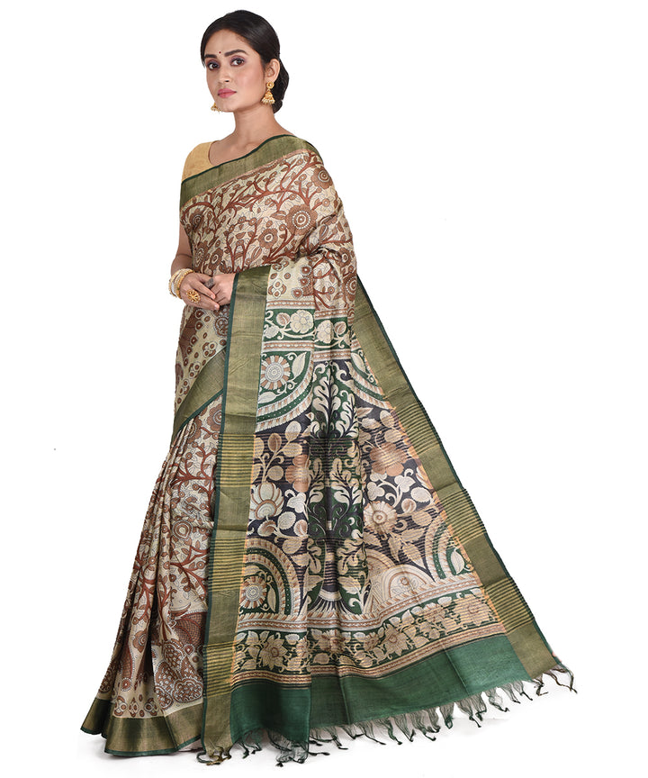 Brown green block print tussar silk bengal sari