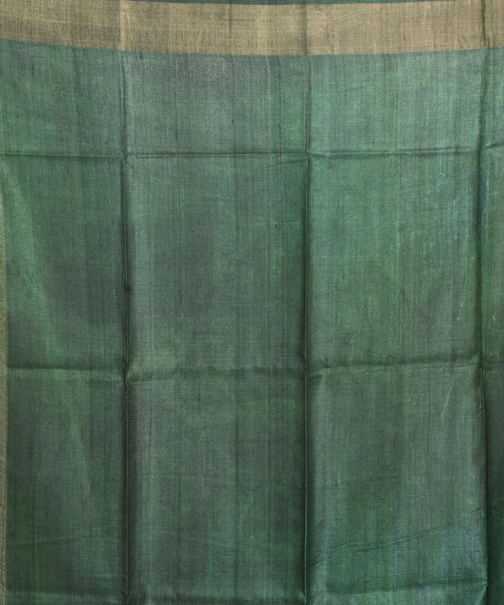 Brown green block print tussar silk bengal sari