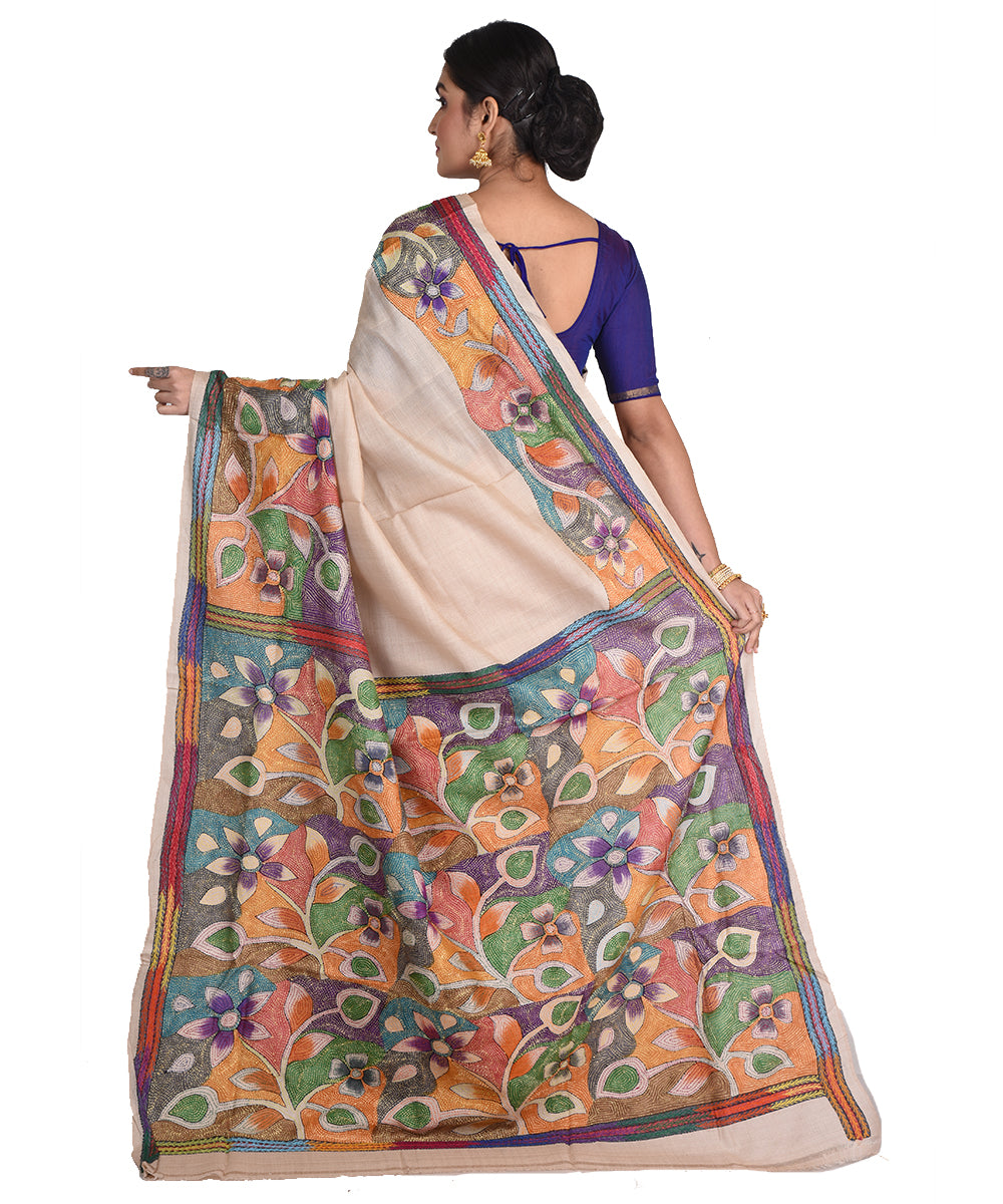 Beige multicolor hand embroidery kantha stitch tussar silk sari