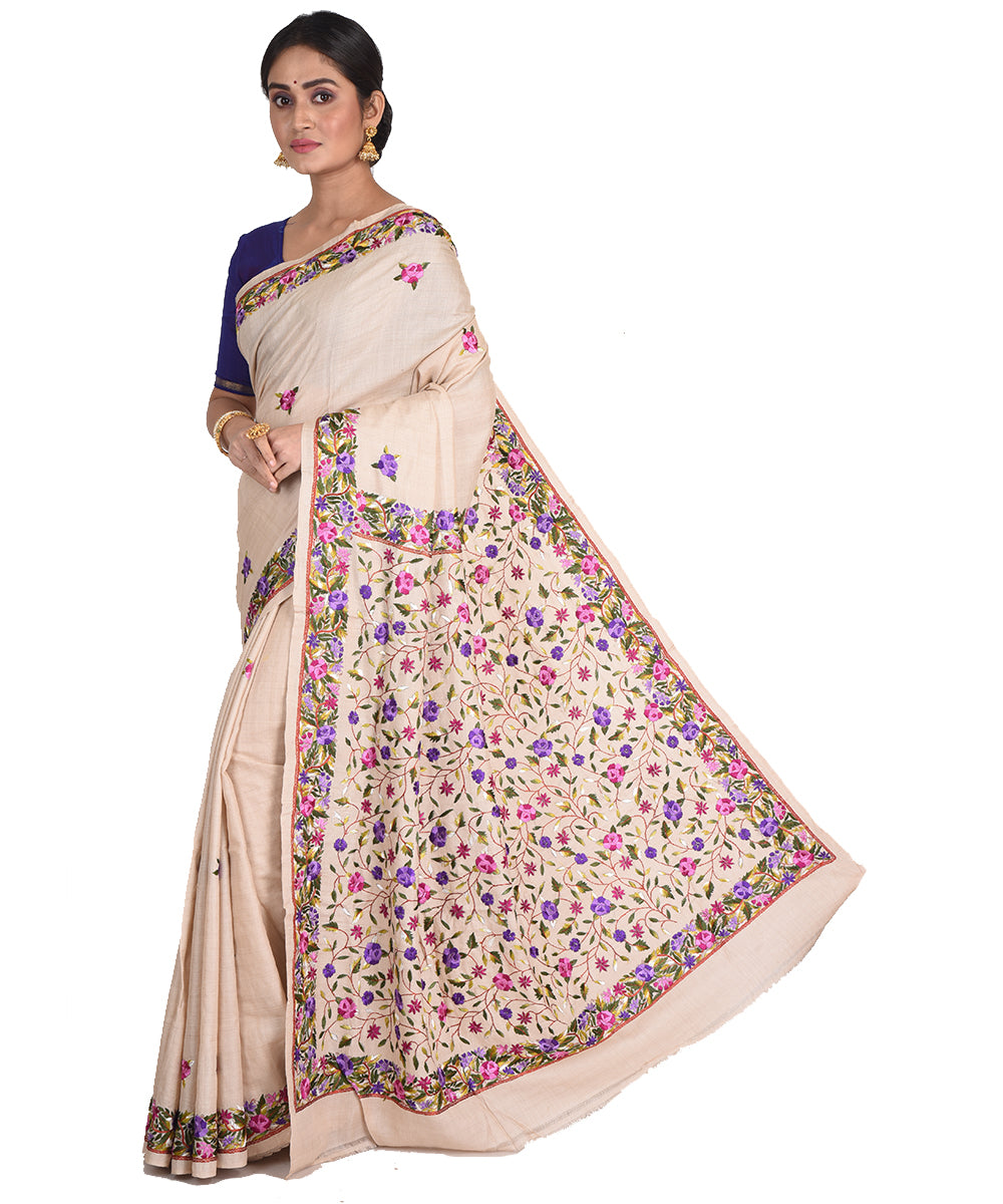 Beige hand embroidery kantha stitch tussar silk bengal sari