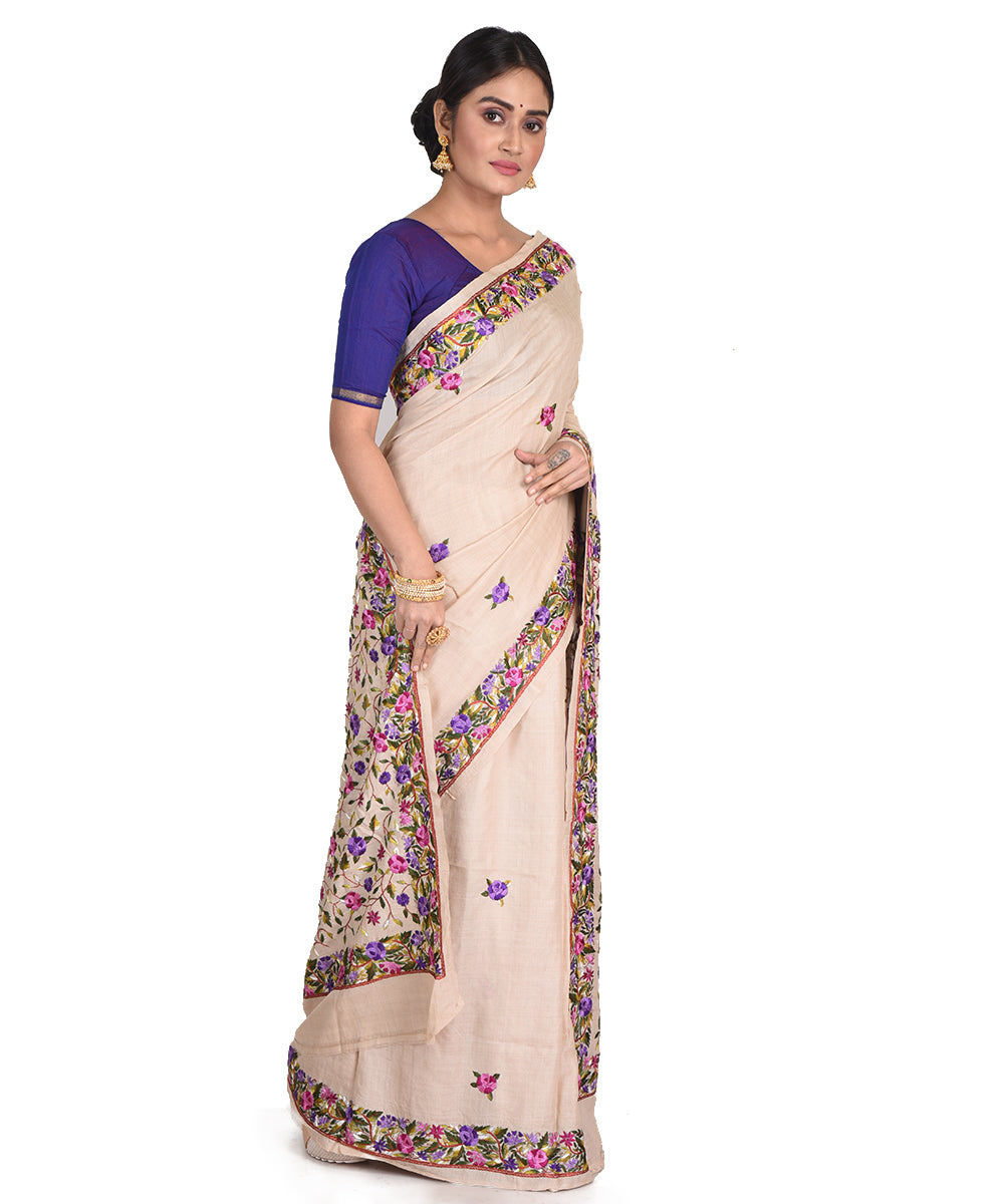 Beige hand embroidery kantha stitch tussar silk bengal sari