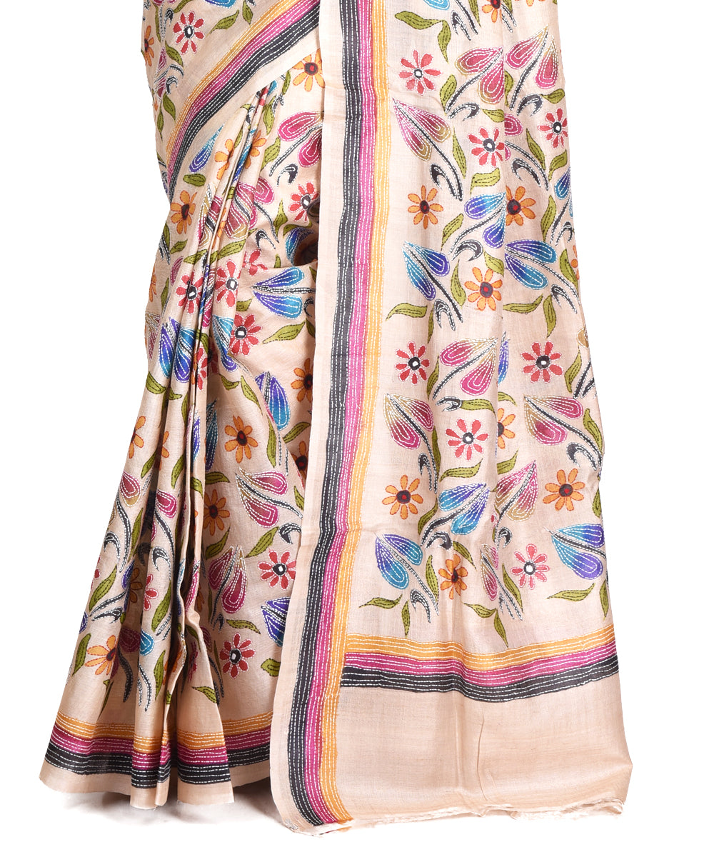 Beige multicolor hand embroidery kantha stitch tussar sari