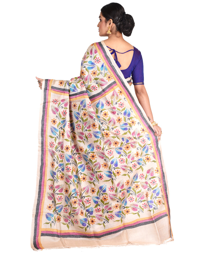 Beige multicolor hand embroidery kantha stitch tussar sari