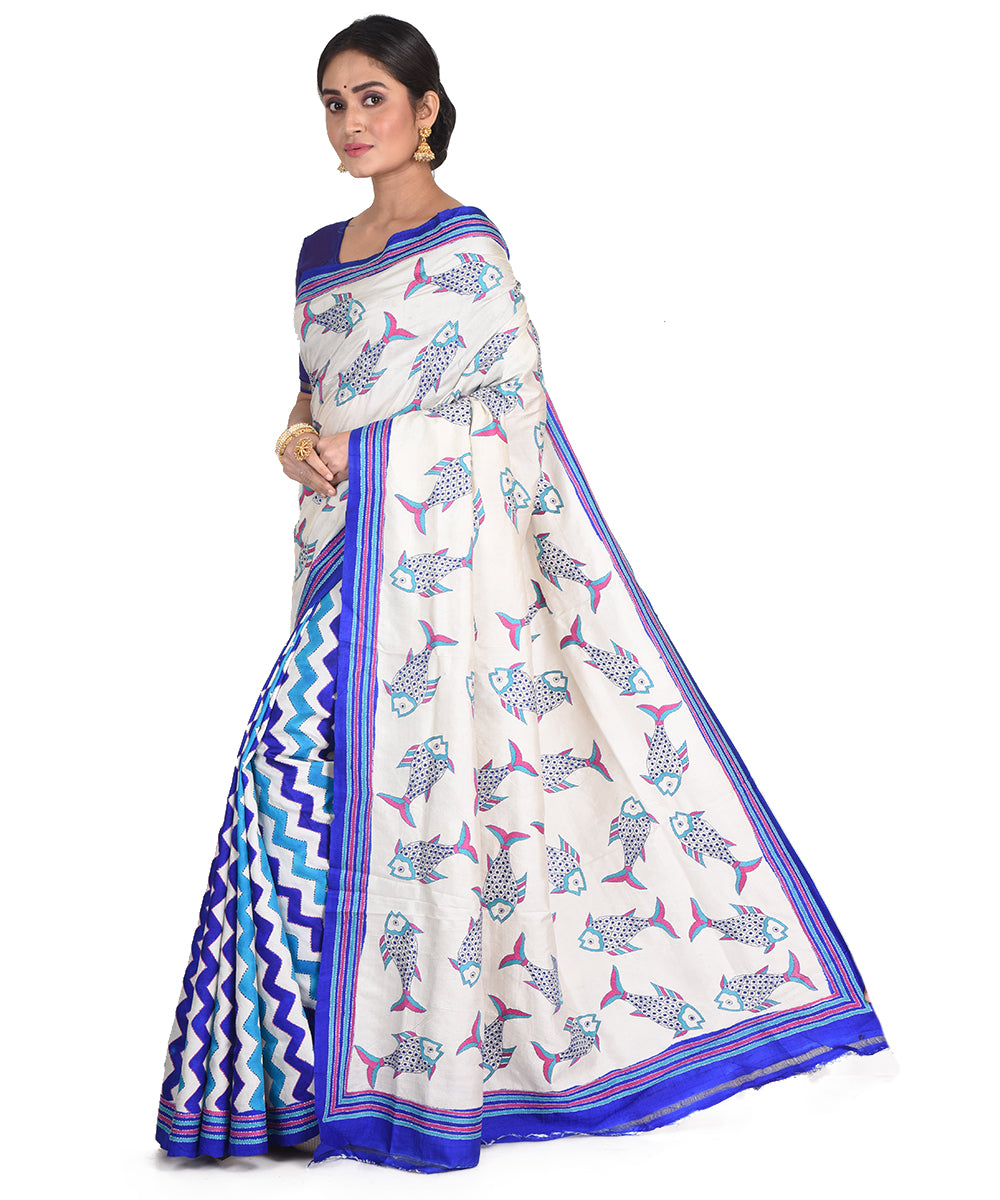 White blue hand embroidery kantha stitch silk bengal sari