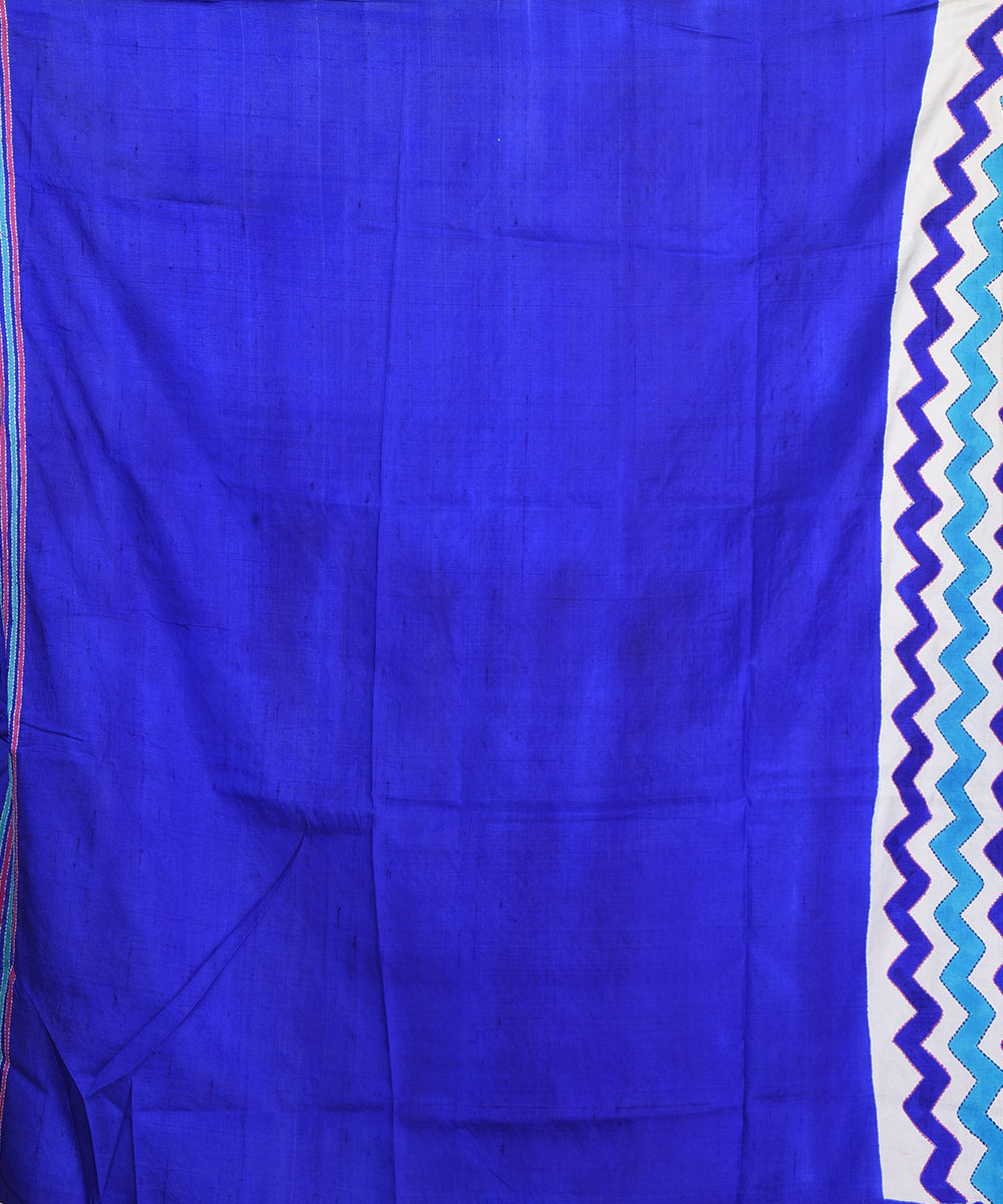 White blue hand embroidery kantha stitch silk bengal sari