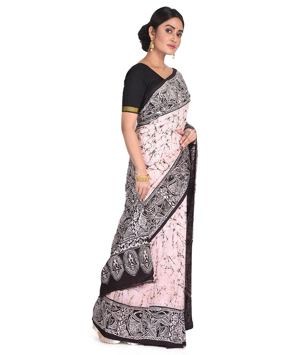 Beige black batik tie dyed silk bengal sari