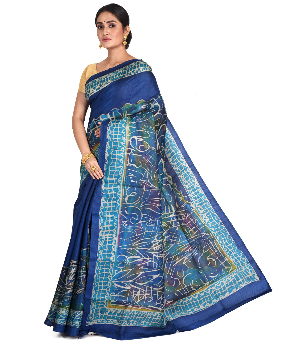 Navy blue batik tie dyed silk bengal sari