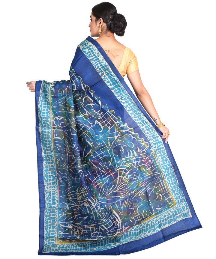 Navy blue batik tie dyed silk bengal sari