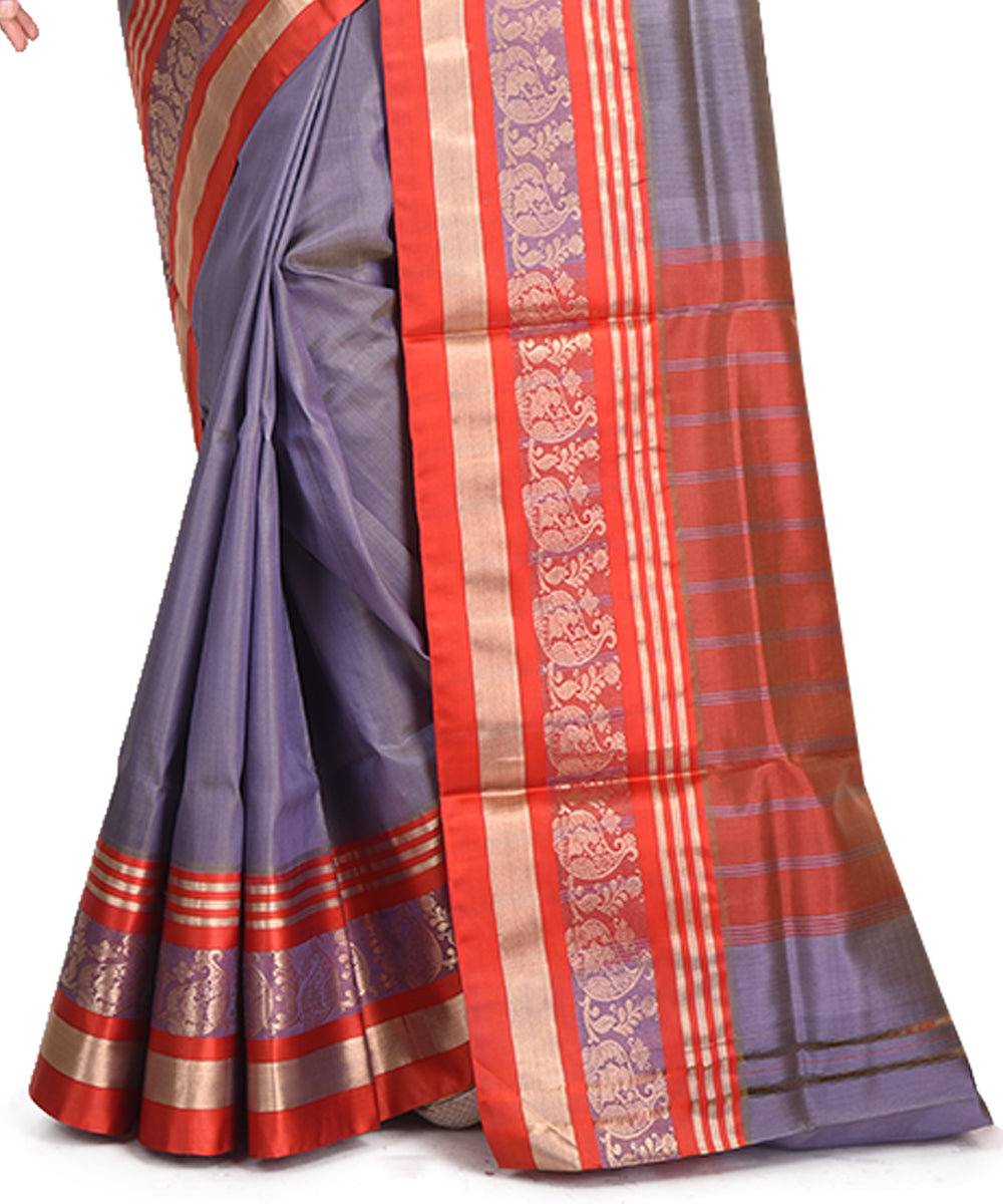 Red steel grey handwoven silk garad bengal sari