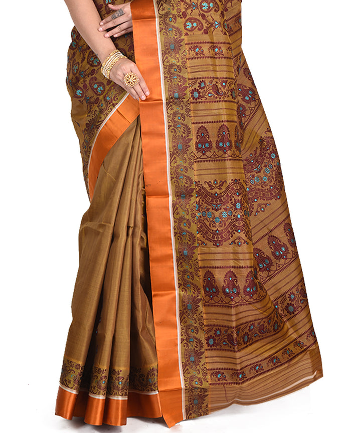Mustard brown handwoven silk garad bengal sari