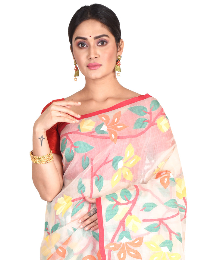 White multicolor handwoven bengal silk bengal jamdani sari