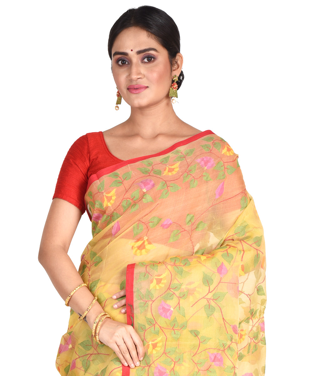 Yellow multicolor handwoven bengal silk bengal jamdani sari