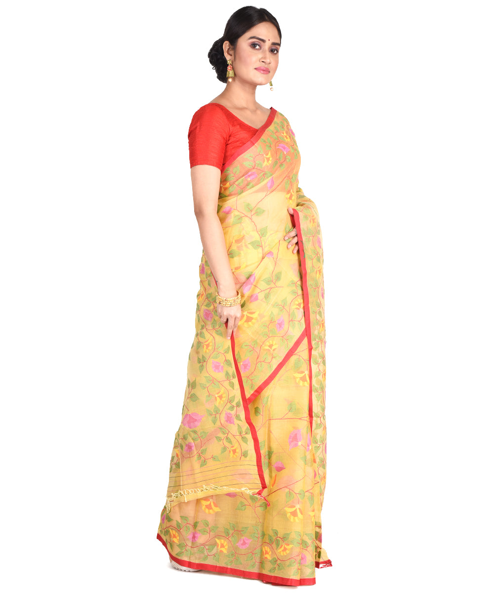 Yellow multicolor handwoven bengal silk bengal jamdani sari
