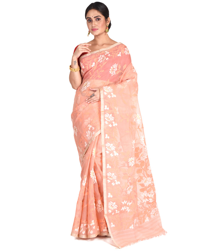 Peach handwoven bengal silk bengal jamdani sari