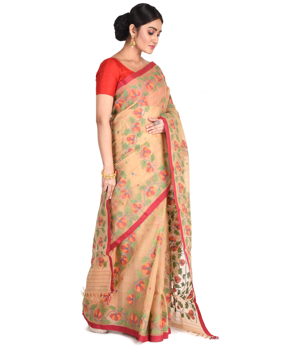 Beige multicolor handwoven bengal silk bengal jamdani sari