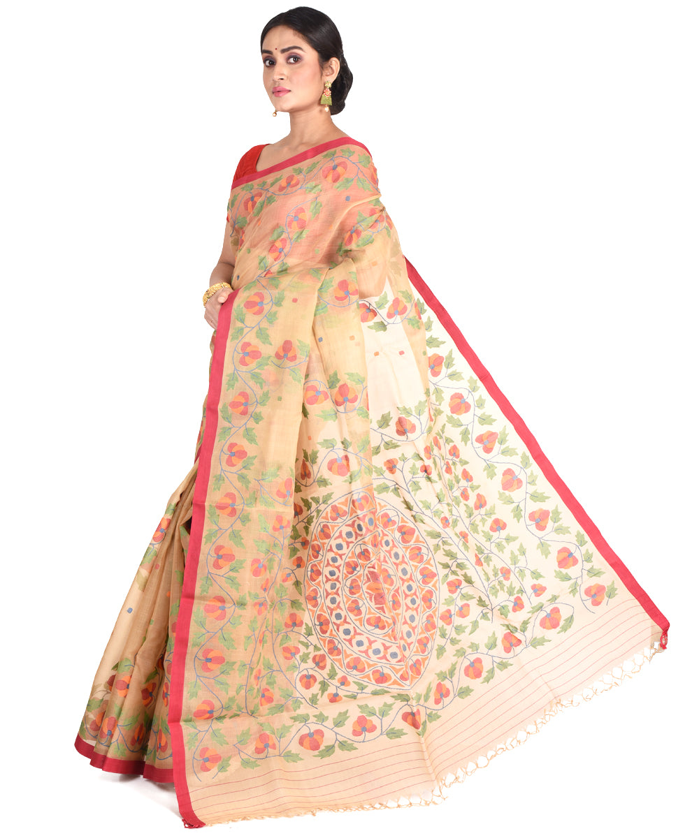 Beige multicolor handwoven bengal silk bengal jamdani sari