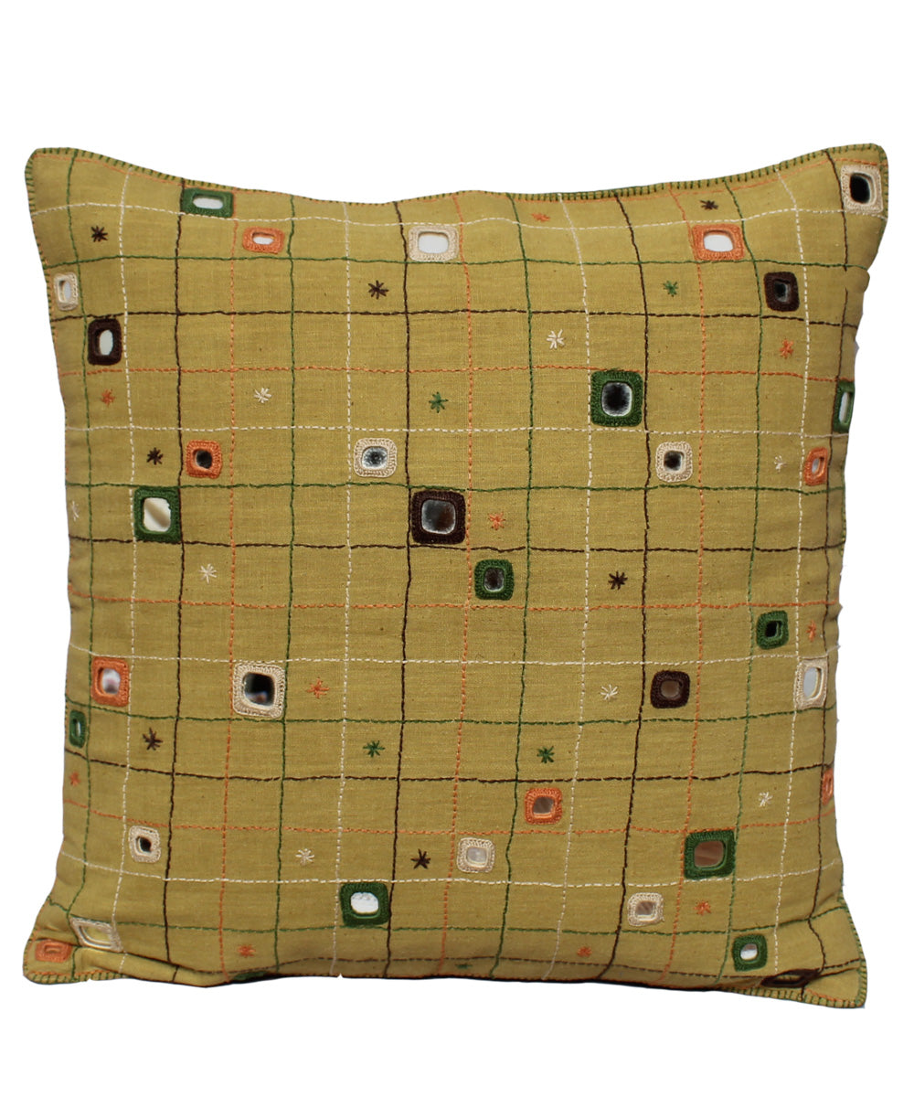 Beige checks cotton lambani hand embroidery cushion cover