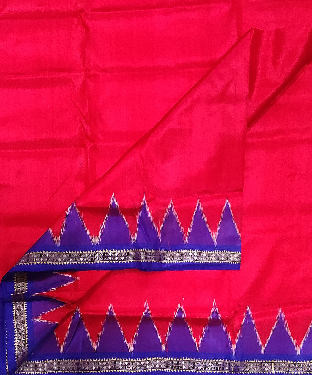 Red and dark blue handwoven silk sambalpuri dhoti