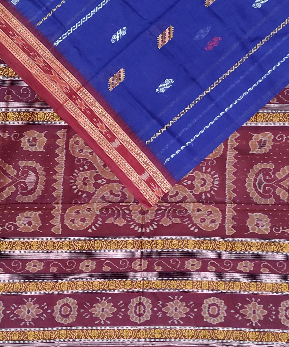 Navy blue maroon hand woven cotton bomkai saree