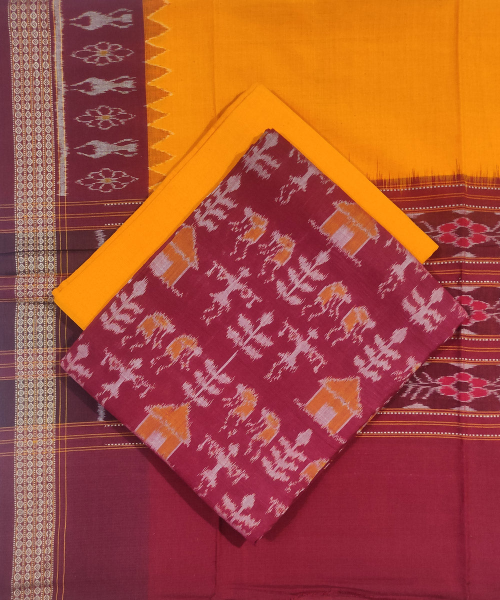 3pc Maroon yellow handloom cotton sambalpuri ikat dress material set