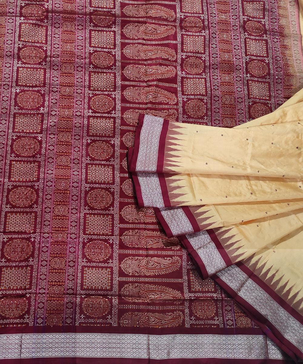 Beige maroon handwoven silk bomkai saree
