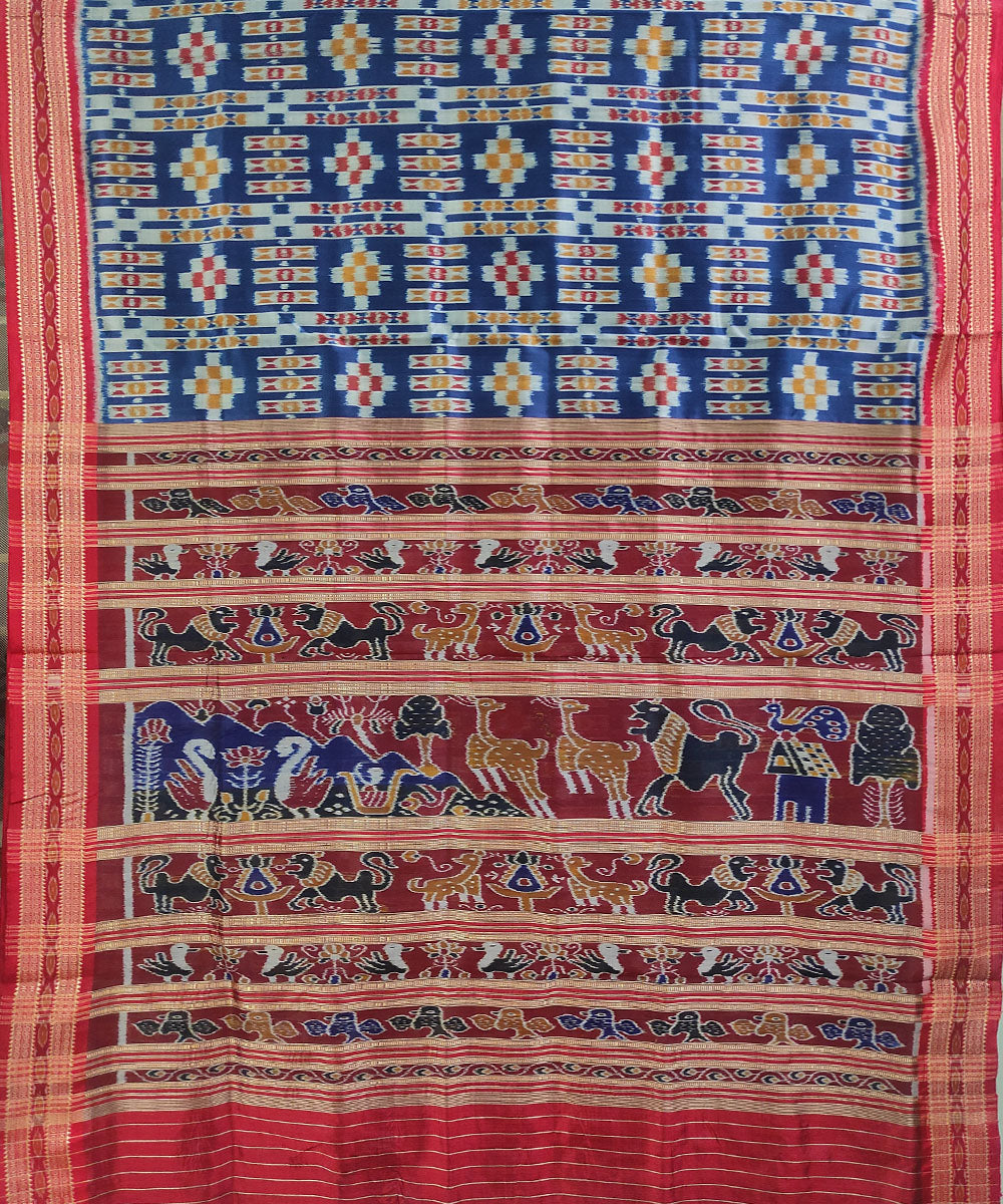 Navy blue maroon handwoven silk khandua saree