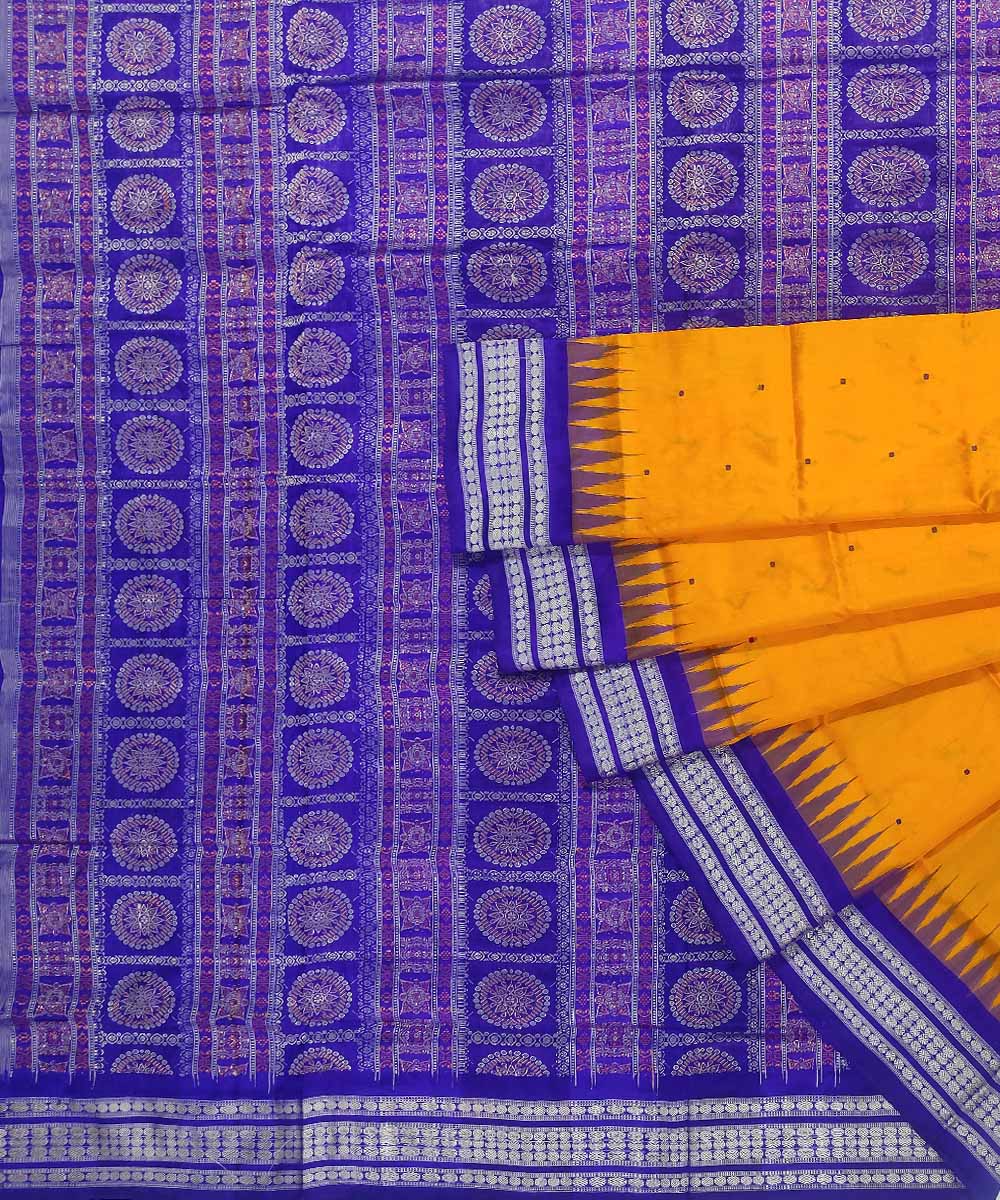 Orange yellow with navy blue silk handloom bomkai saree