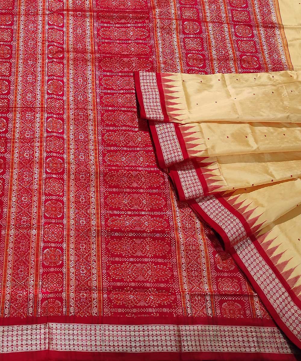 Cream red handwoven sambalpuri silk saree