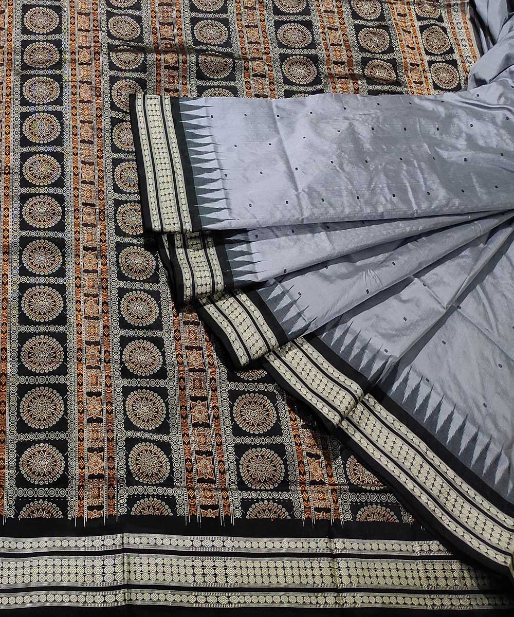 Grey black handwoven silk bomkai saree