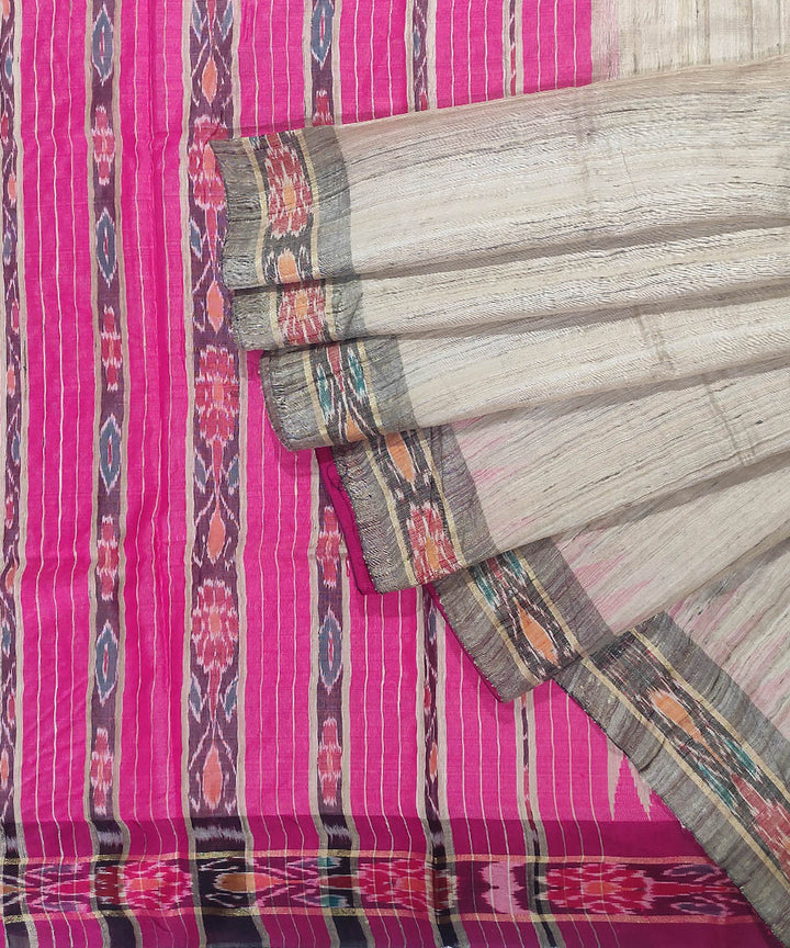 Off white pink tussar silk handloom sambalpuri saree