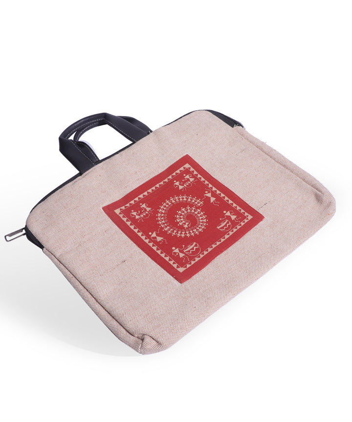 Beige maroon handmade jute laptop bag
