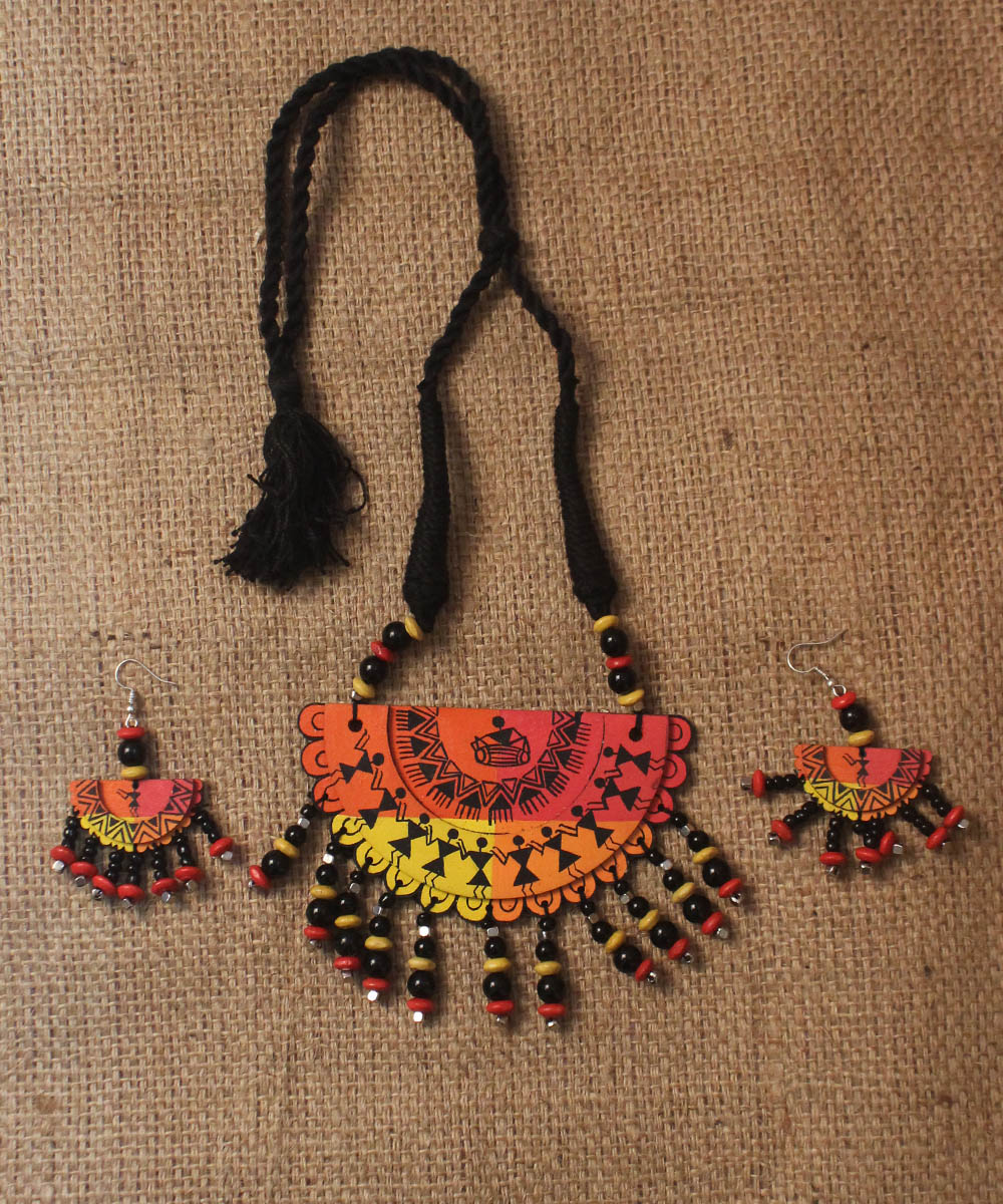Multicolour hand painted warli art necklace earring set