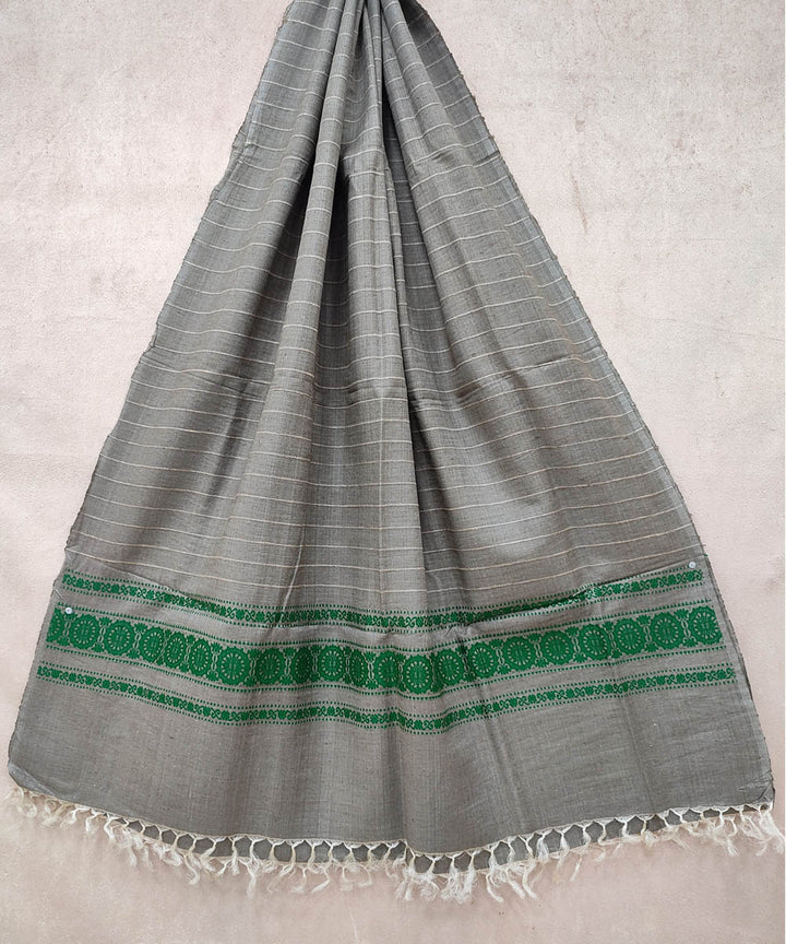 Grey green handwoven odisha ikat tussar silk dupatta