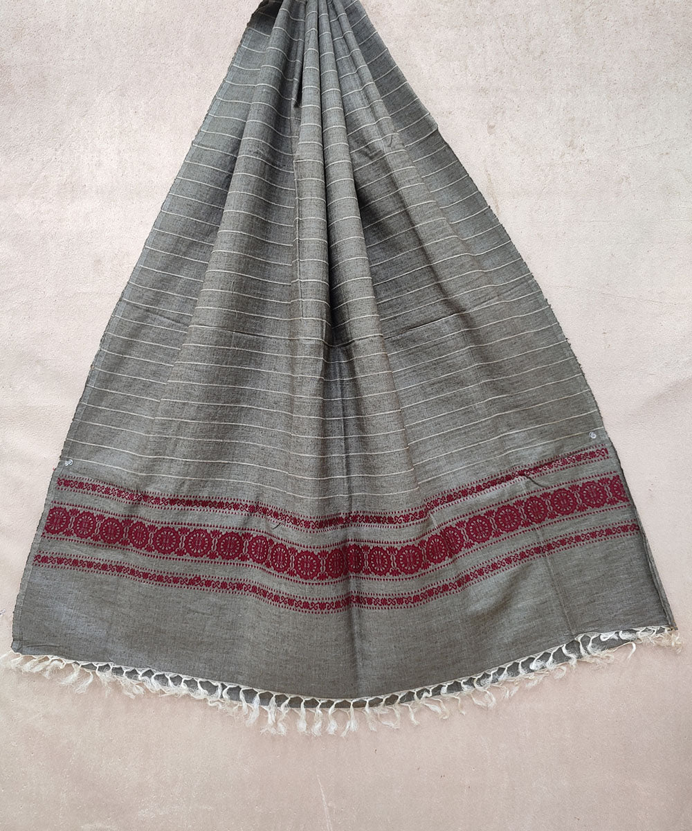 Grey maroon hand woven odisha ikat tussar silk dupatta