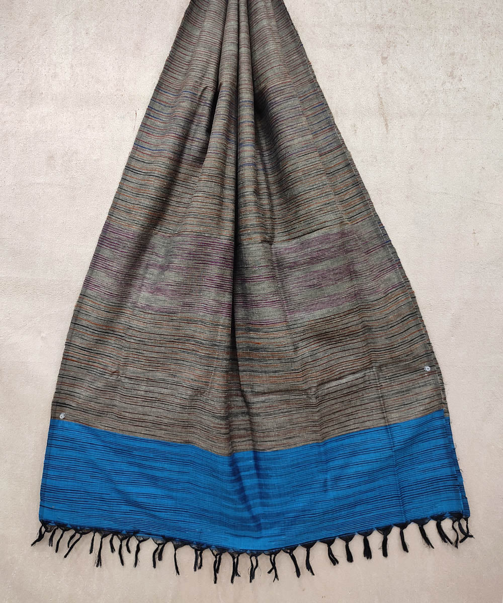 Grey blue handwoven odisha ikat tussar silk dupatta