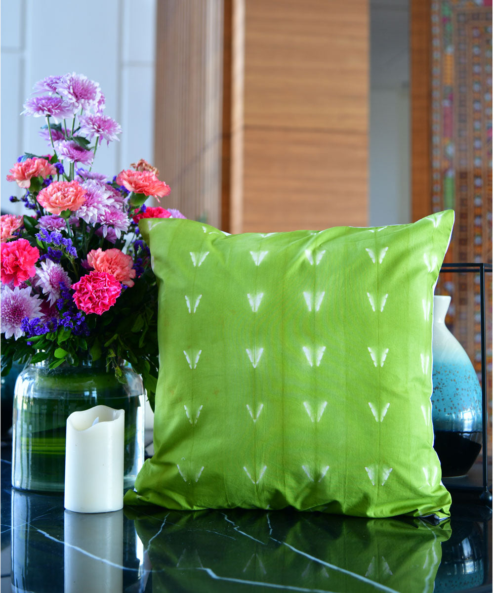Green white handprinted cotton shibori cushion cover