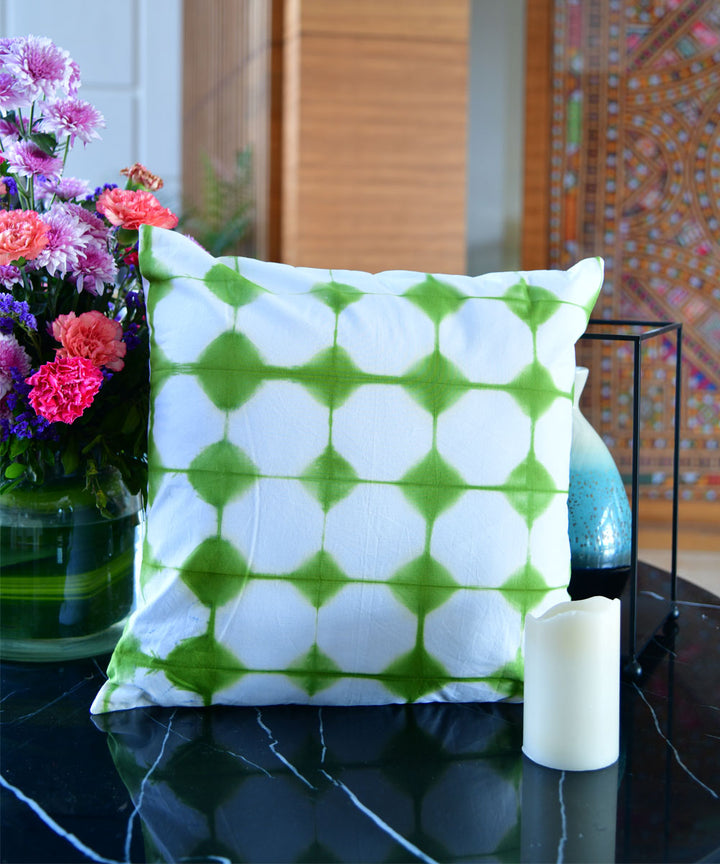 White green hand printed shibori cotton cushion cover