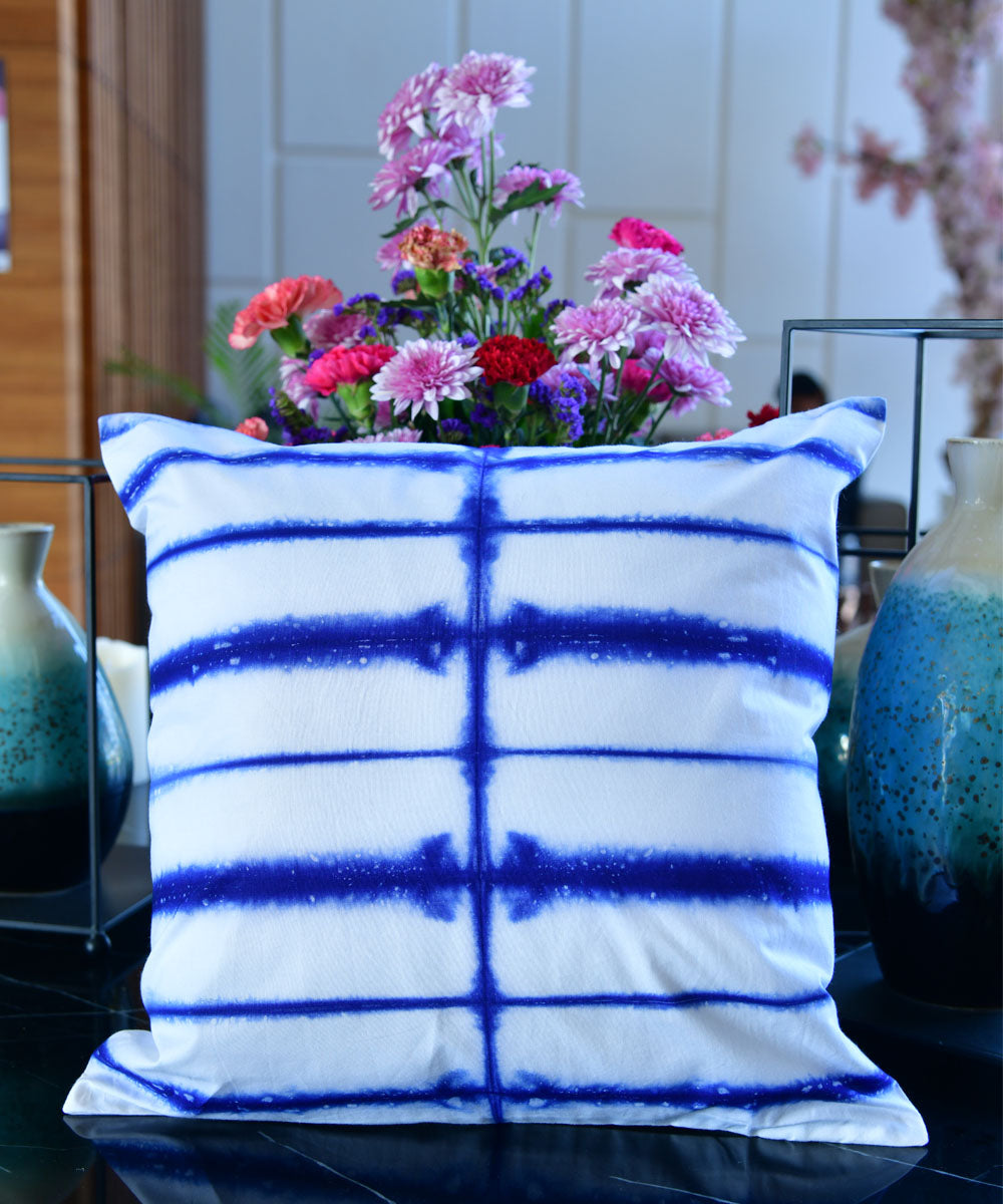 White blue hand printed shibori cotton cushion cover
