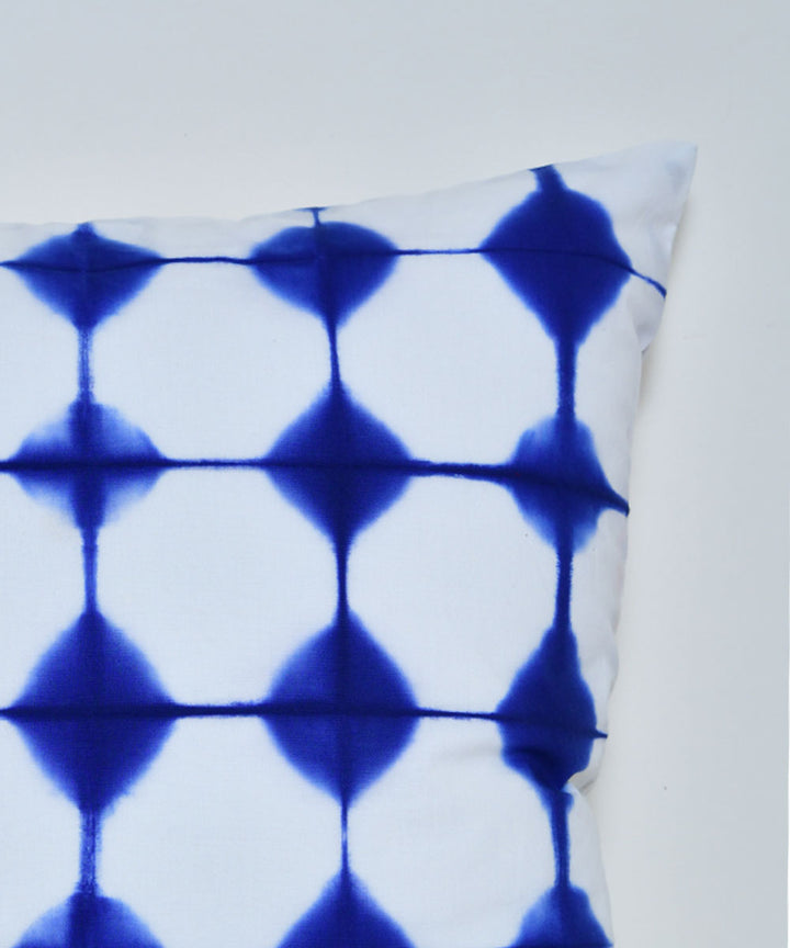 White cyan blue hand printed shibori cotton cushion cover