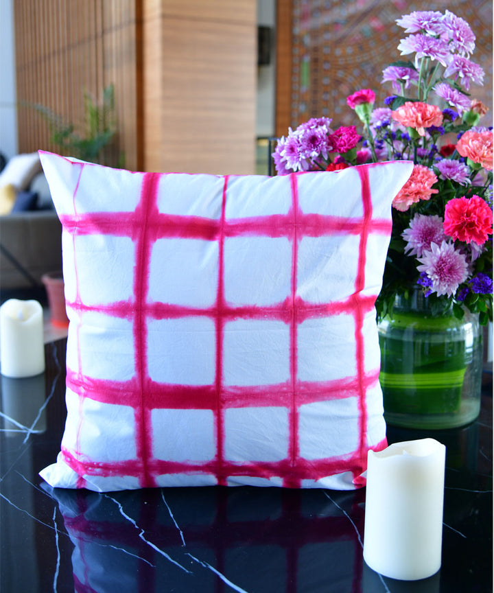 Pink white hand printed shibori cotton cushion cover