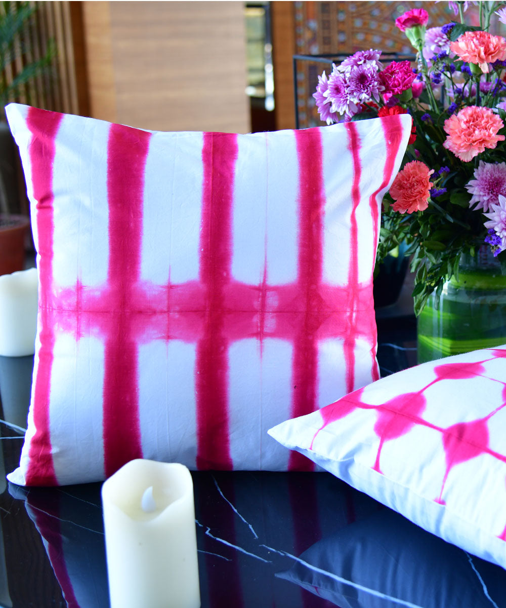 White pink hand printed shibori cotton cushion cover