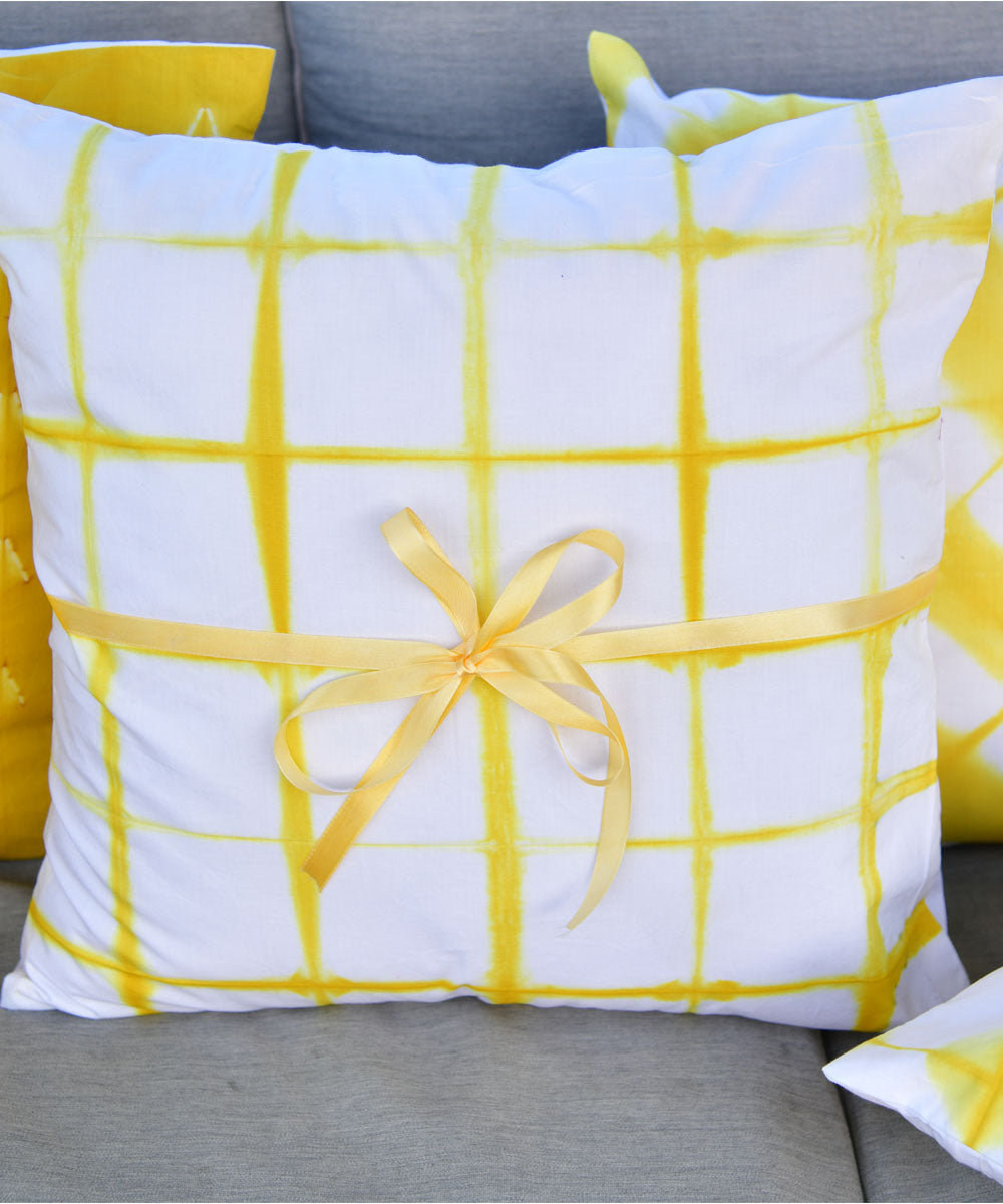 Yellow white hand printed shibori cotton cushion cover